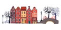 Amsterdam street scene. Vector color outline sketch hand drawn illustration. Three houses with bridge, lantern, trees